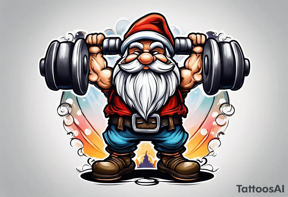 Strong old gnome lifting dumbells tattoo idea