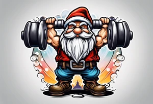 Strong old gnome lifting dumbells tattoo idea