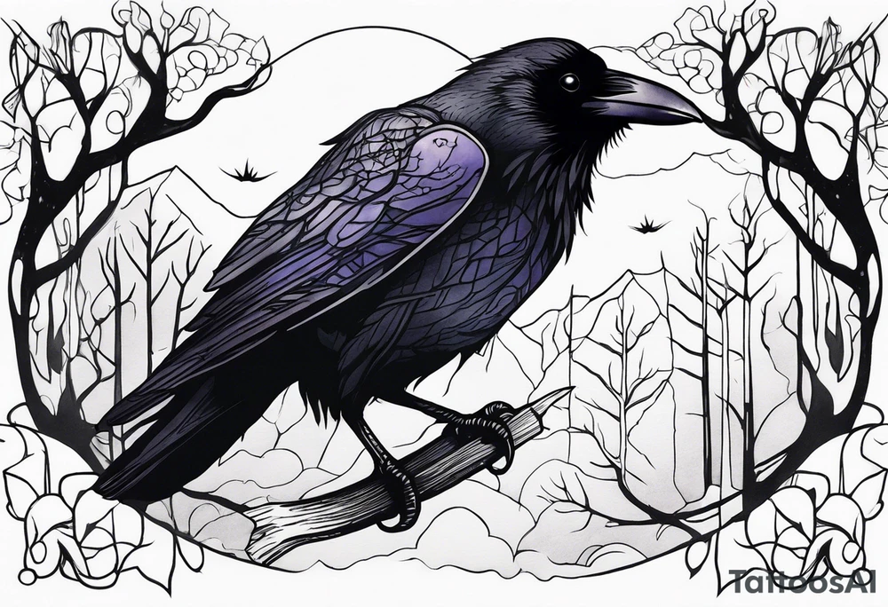 Raven diving, occult, mystical, knowing, light behind its eyes, ethereal, night sky and trees in the background tattoo idea