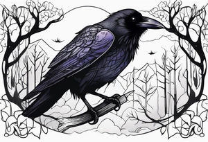 Raven diving, occult, mystical, knowing, light behind its eyes, ethereal, night sky and trees in the background tattoo idea