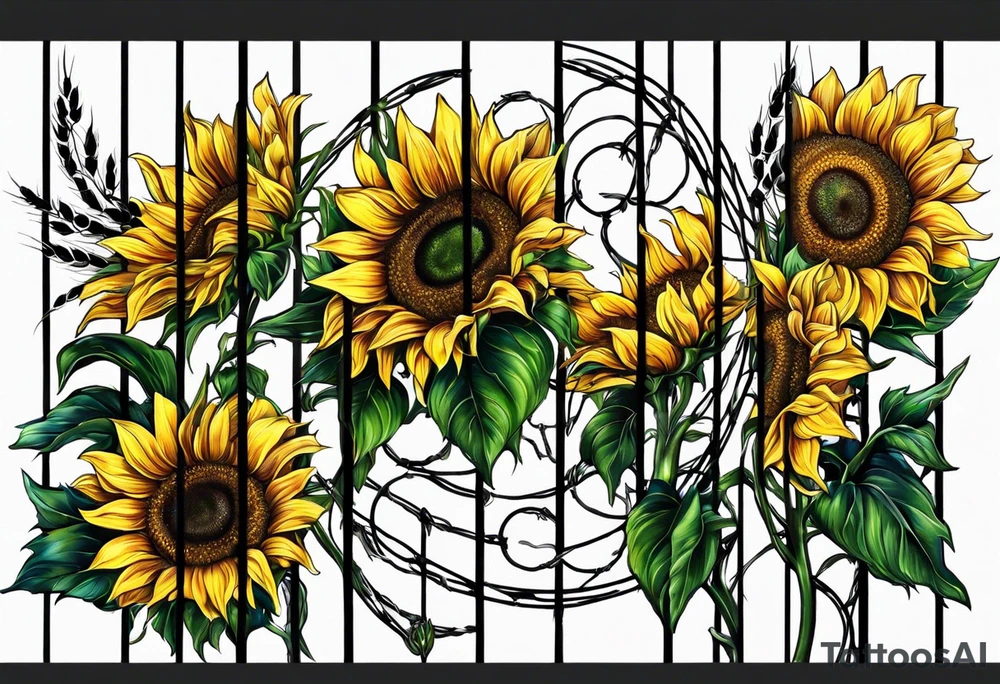 Sunflower, wheat, horseshoe, and barbed wire half sleeve tattoo idea