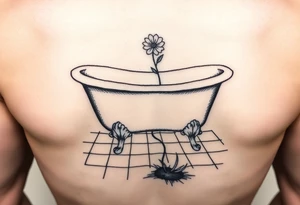 clawfoot bathtub on a tile floor and flower coming up out of a small crack on the floor tattoo idea