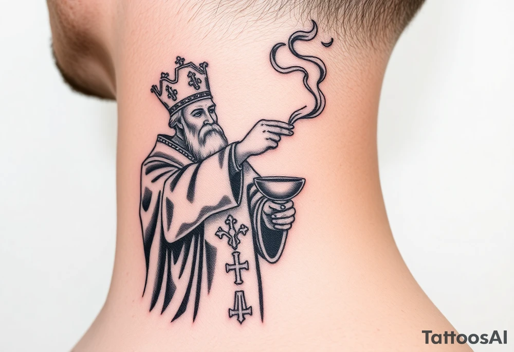 Russian Orthodox Priest in a fully detailed gold vestment swinging a censer with smoke curling upward tattoo idea