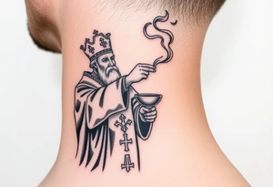 Russian Orthodox Priest in a fully detailed gold vestment swinging a censer with smoke curling upward tattoo idea