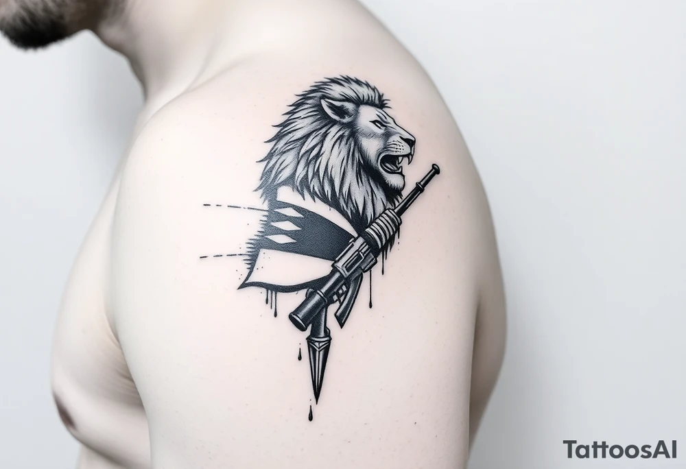 a lion on the shoulder, that transitions into a soldier on the bicep, and then into a bible verse on the forearm tattoo idea