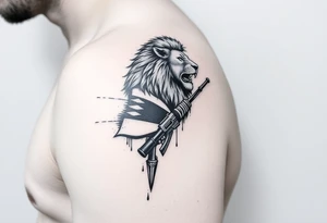 a lion on the shoulder, that transitions into a soldier on the bicep, and then into a bible verse on the forearm tattoo idea