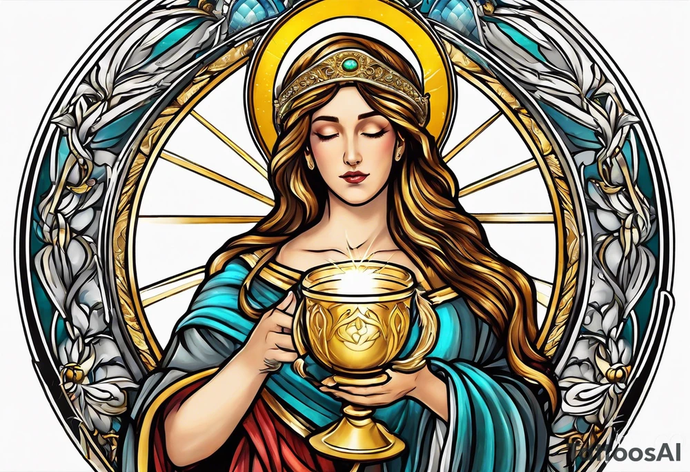 holy saint woman turned away with golden halo holding a chalice tattoo idea