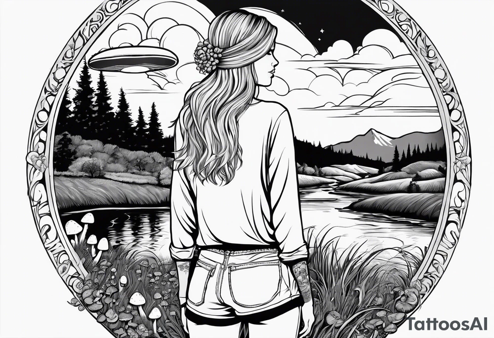 Whole picture encircled fully

Straight long blonde hair hippie girl in distance holding mushrooms in hand facing away toward mountains and creek surrounded by mushrooms long sleeve shirt and hiking pants; whole rendering within a full circle, no cut off circle tattoo idea