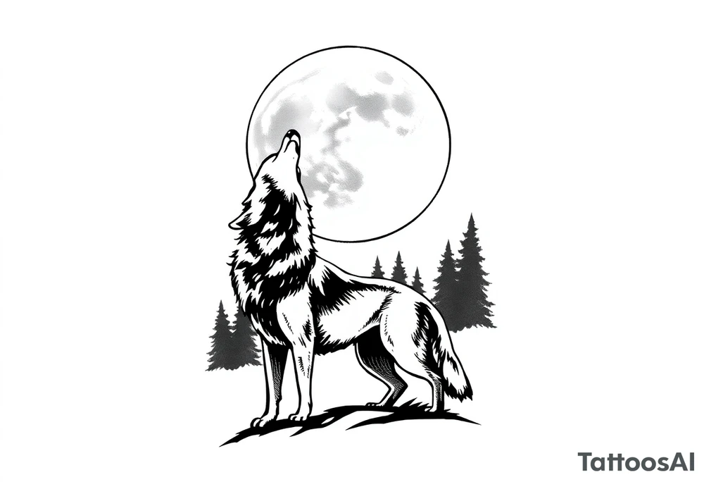 lone wolf howling at full moon with northern lights backdrop tattoo idea