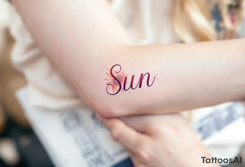 Word "Sun" written vertical with sunflower in pink tattoo idea