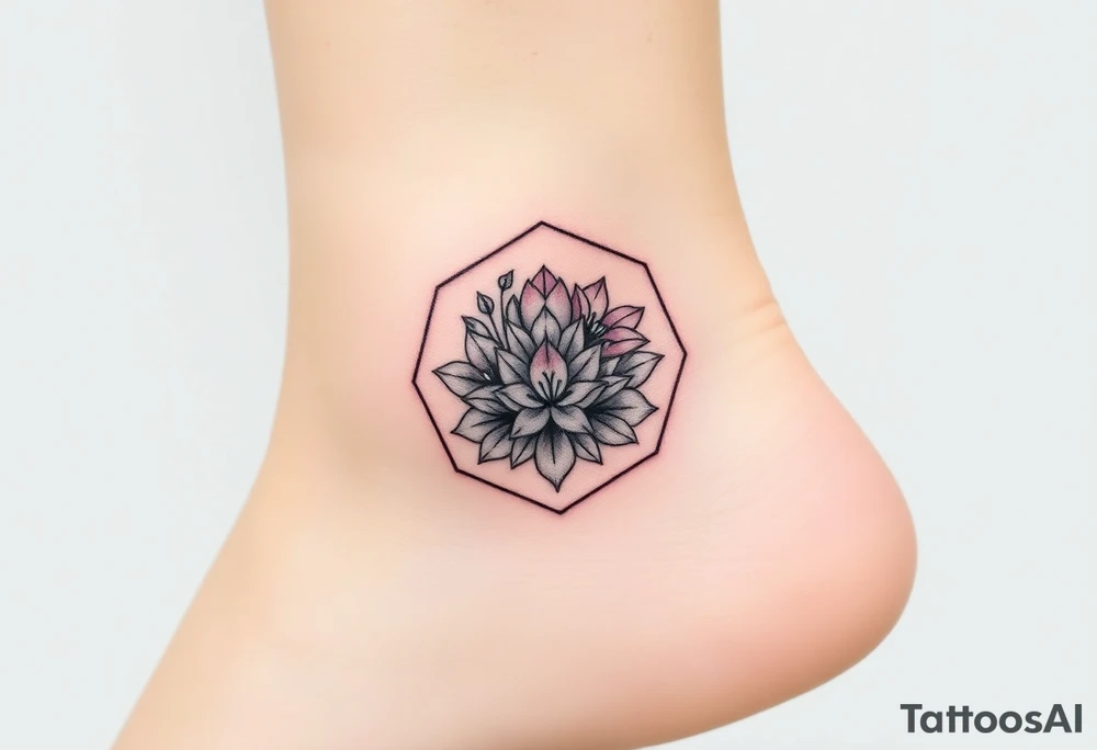 Faint Hexagon with Leo, larkspur and water lilies in the center tattoo idea