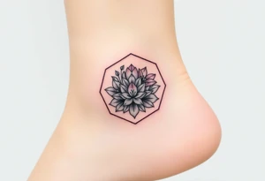 Faint Hexagon with Leo, larkspur and water lilies in the center tattoo idea