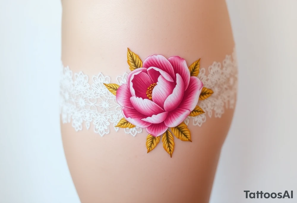 lace garter tattoo with pastel pink peony and petals with golden leaves tattoo idea