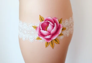 lace garter tattoo with pastel pink peony and petals with golden leaves tattoo idea