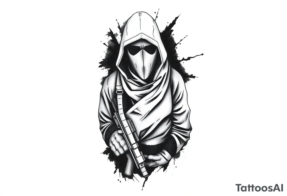 Minimalist covert operative symbolism representing loyalty and survival, faceless soldier silhouette emerging from darkness, torn fabric, subtle scars, controlled posture, black and grey realism, emotional restraint, understated strength, tattoo sleeve element. tattoo idea