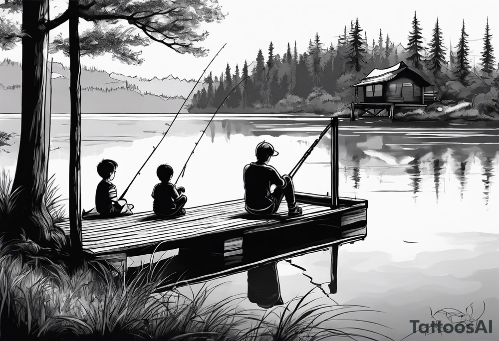 forearm tattoo set on a dock on a lake. There is a little boy sitting next to a little girl. The little boy is fishing and the little girl is reading. There are trees surrounding the lake. tattoo idea