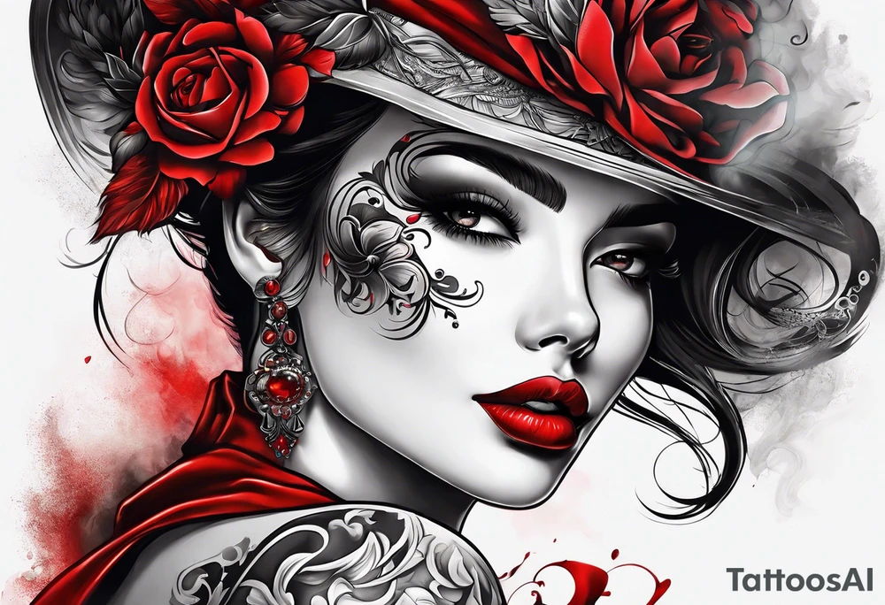 Woman hole in cheek red smoke tattoo idea