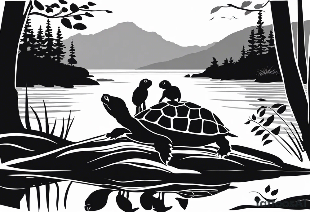 Black and white silhouette illustration of a parent turtle standing proudly on a rock, overlooking its curious hatchling. The parent turtle's expression is gentle and loving, while the hatchling gazes up with wide, admiring eyes. The scene includes minimal outlines of a calm lake and trees framing the illustration. The background is simple, with soft, flowing lines to suggest the peaceful setting. The focus is on the bond between the turtles, captured in clear, bold black silhouettes against the serene, minimalist environment. tattoo idea