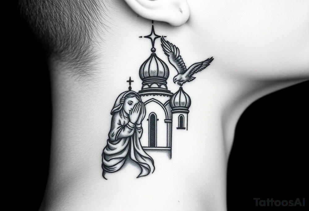 Flowing Scene

A single onion dome rising up toward the ear
Virgin Mary in prayer pose wrapping around the lower neck curve
A small eagle or just the star tucked above the dome near the hairline tattoo idea