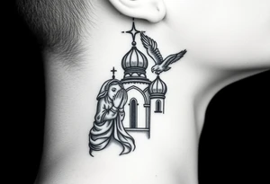 Flowing Scene

A single onion dome rising up toward the ear
Virgin Mary in prayer pose wrapping around the lower neck curve
A small eagle or just the star tucked above the dome near the hairline tattoo idea