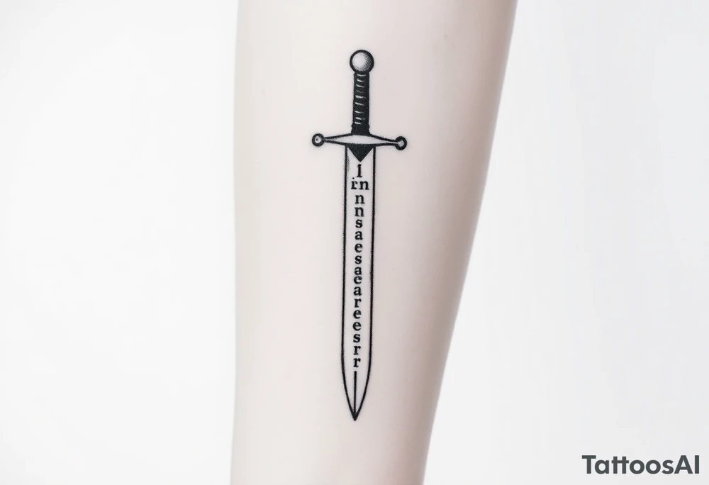 Minimalist black ink tattoo sketch of a vertical medieval sword with the phrase “Iron Sharpens Iron” engraved along the blade. Clean lines, no shading, forearm tattoo design. tattoo idea
