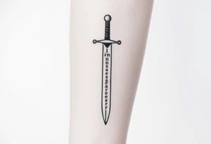 Minimalist black ink tattoo sketch of a vertical medieval sword with the phrase “Iron Sharpens Iron” engraved along the blade. Clean lines, no shading, forearm tattoo design. tattoo idea