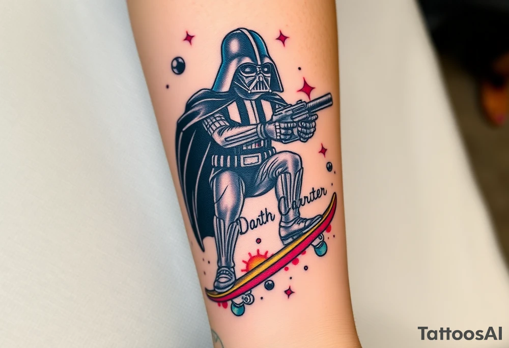 Darth Vader skateboarding with gun> bullets > memorial > god > colors > futuristic 
add name "Darth Carter" on skateboard
add date in loving memory 12/29/88-01/06/24 tattoo idea