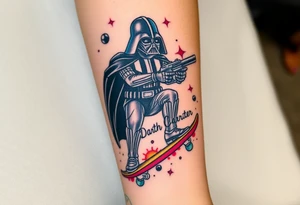 Darth Vader skateboarding with gun> bullets > memorial > god > colors > futuristic 
add name "Darth Carter" on skateboard
add date in loving memory 12/29/88-01/06/24 tattoo idea