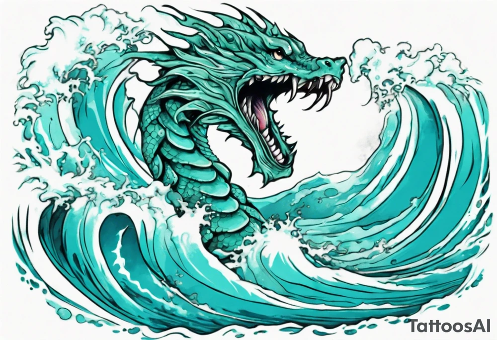 a beautiful turquoise sea serpent emerging from an ocean wave, crashing onto the shore tattoo idea