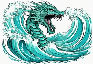 a beautiful turquoise sea serpent emerging from an ocean wave, crashing onto the shore tattoo idea