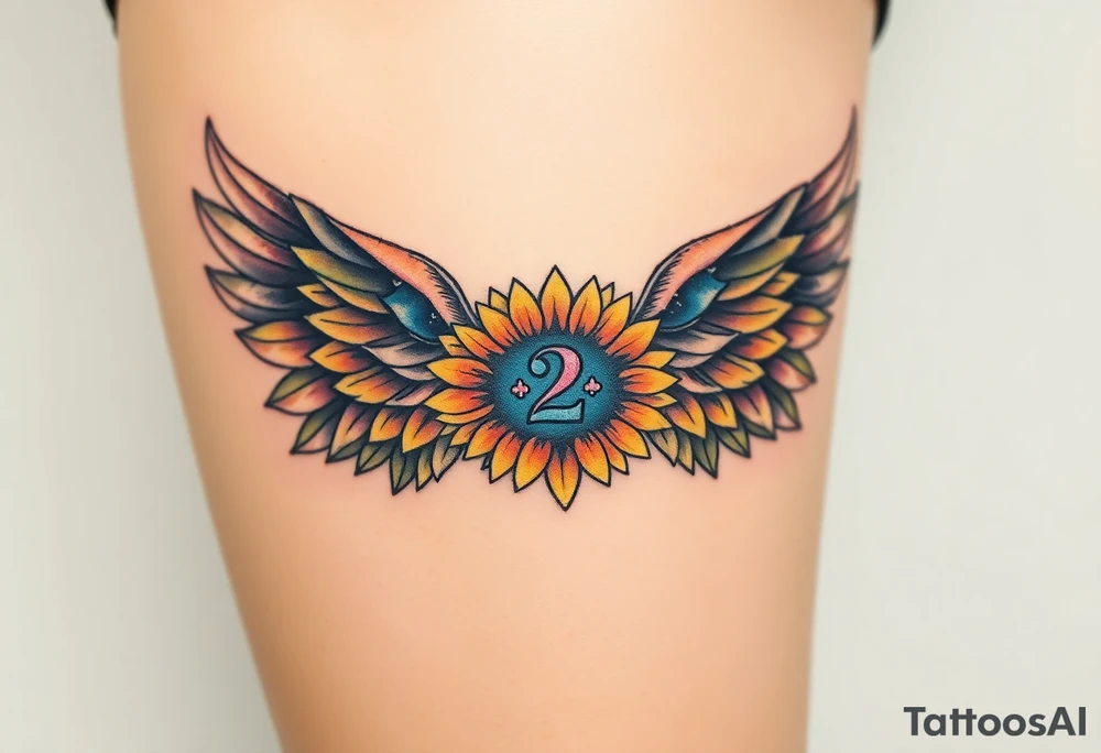 sunflower, wings, or halo with a 2 of clubs tattoo idea