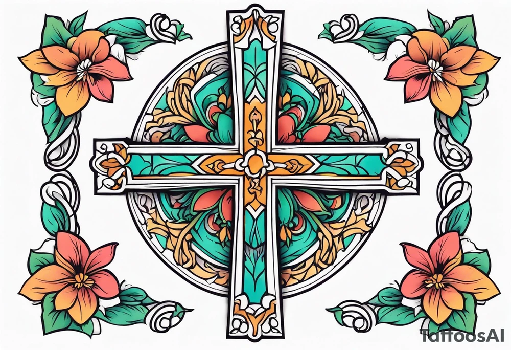 plain cross surrounded and intertwined
 with flowers colorful tattoo idea