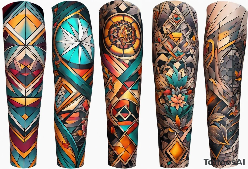 Full arm sleeve with fall colors and shapes tattoo idea