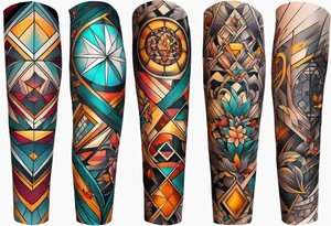 Full arm sleeve with fall colors and shapes tattoo idea