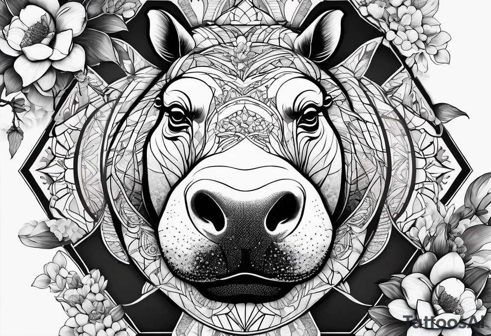 Very asymmetrical, +geometric pattern, with realistic full moon, with seeious looking hippo,,
with wintersweet flower bud, +portrait orientation, +inkart touch, tattoo idea