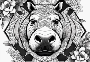 Very asymmetrical, +geometric pattern, with realistic full moon, with seeious looking hippo,,
with wintersweet flower bud, +portrait orientation, +inkart touch, tattoo idea