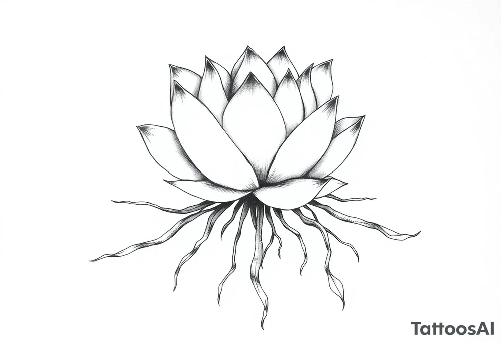 Lotus flower floats in the water long roots meander downwards tattoo idea