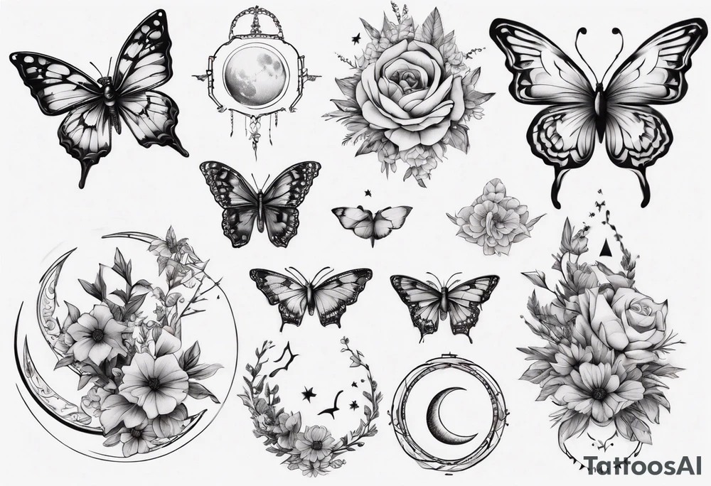 Butterfly wrap tattoos with large centre piece with moon and floral theme tattoo idea