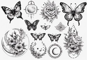 Butterfly wrap tattoos with large centre piece with moon and floral theme tattoo idea