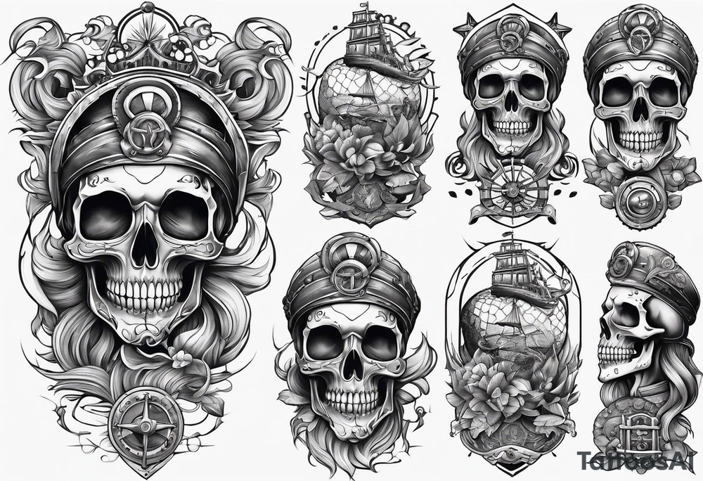 full sleeve skeleton sailor mermaid outline mechanical nautical tattoo idea