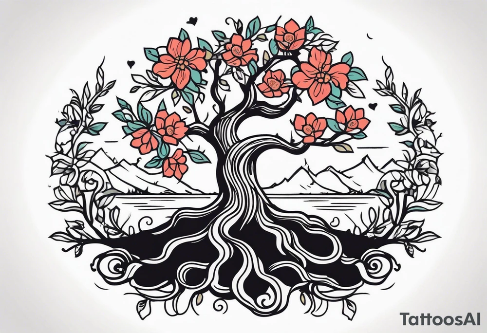 tree with roots

old school vintage simple traditional design with vintage flowers surrounding
bold color simple tattoo idea