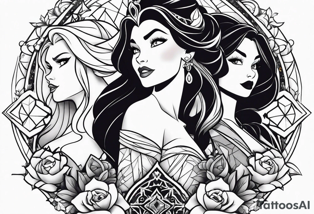 Disney princesses and Disney villains mixed together on an arm sleeve tattoo idea