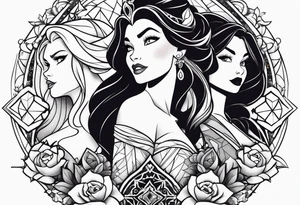 Disney princesses and Disney villains mixed together on an arm sleeve tattoo idea