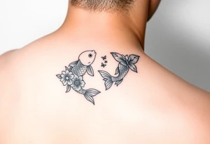 Two small koi fish wrap around wrist tattoo with flowers and butterfly on the wrist fine line tattoo idea