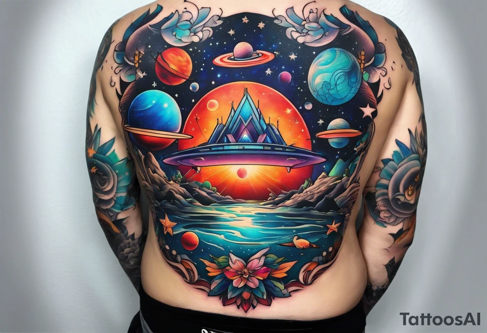 Tattoo featuring space featuring spaceships and featuring water in galaxy colours featuring animals tattoo idea