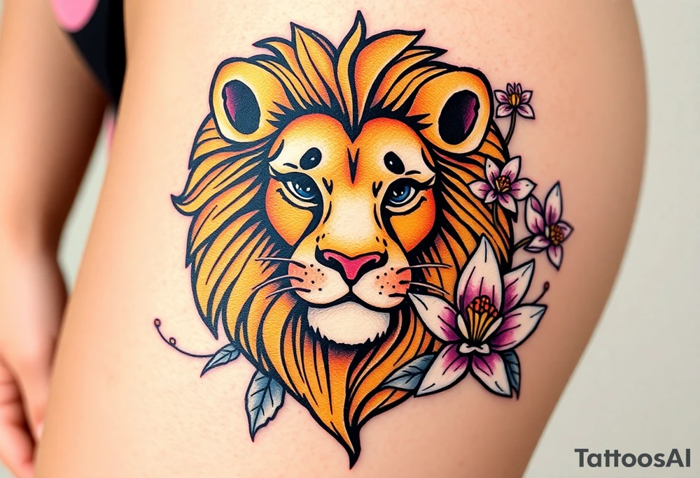 Lion with larkspur and water lilies tattoo idea