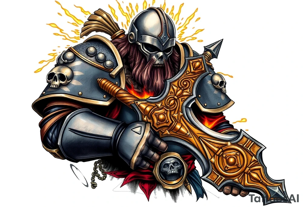 Warhammer, the Old World. A warrior priest of Sigmar holding The Warhammer of Sigmar. The Warhammer of Sigmar is radiating thunderous energy. The Warhammer is held by the warrior priest with both gripping hands at the shaft, upon his chest level. The Warrior priest is wearing dark alloyed heavy armour (reference armor from warhammer vermintide 2 Victor Saltzpyres, the warrior priest of Sigmar class) with skull sigils on his shoulder pads. The warrior priest is wearing a helmet, while the helmets front visor has an humanoid metal face covering. The helmet and armour are gladened with hints of gold and crimson red. The Warhammer is silverish and golden with a long shaft with twisted carvings. tattoo idea