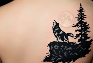 Husky Howling at Moon – Silhouette of a howling husky in dark gray ink, standing on a cliff with a full moon behind in pale off-white and gray shades. tattoo idea
