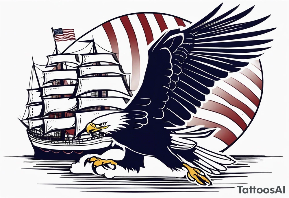 eagle flying in front of ship holding American flag in beak tattoo idea