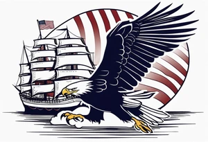 eagle flying in front of ship holding American flag in beak tattoo idea
